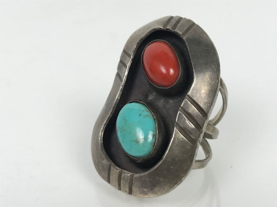 JUST ADDED - Sterling Silver Ring With Turquoise And Coral Signed Jane Yikaazba Popovitch Navajo FMV $100 [Photo 13]
