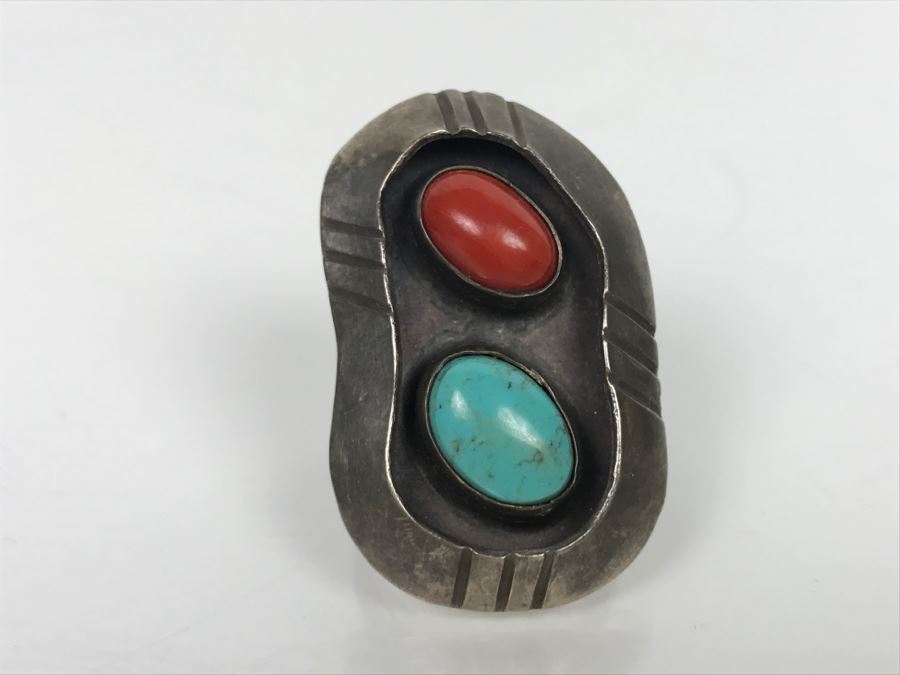 JUST ADDED - Sterling Silver Ring With Turquoise And Coral Signed Jane Yikaazba Popovitch Navajo FMV $100 [Photo 7]