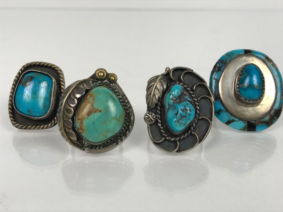 JUST ADDED - (4) Sterling Silver Turquoise Rings 43.6g TW