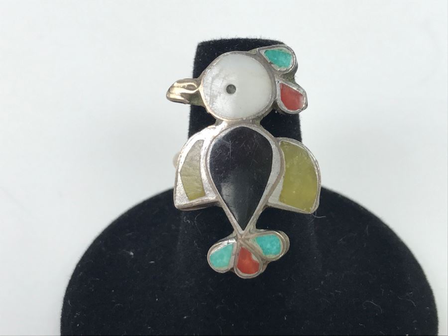 JUST ADDED - Sterling Silver Inlay Ring With Turquoise, Coral And Onyx 5.6g [Photo 1]
