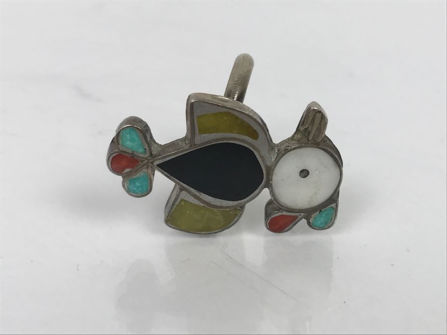 JUST ADDED - Sterling Silver Inlay Ring With Turquoise, Coral And Onyx 5.6g [Photo 4]