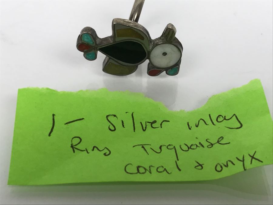 JUST ADDED - Sterling Silver Inlay Ring With Turquoise, Coral And Onyx 5.6g [Photo 7]