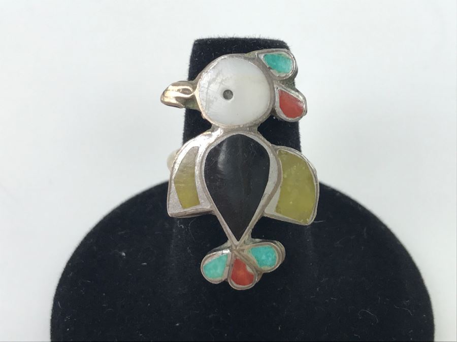 JUST ADDED - Sterling Silver Inlay Ring With Turquoise, Coral And Onyx 5.6g [Photo 2]