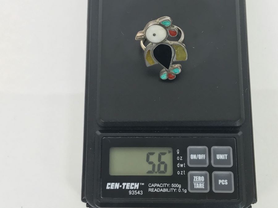 JUST ADDED - Sterling Silver Inlay Ring With Turquoise, Coral And Onyx 5.6g [Photo 6]