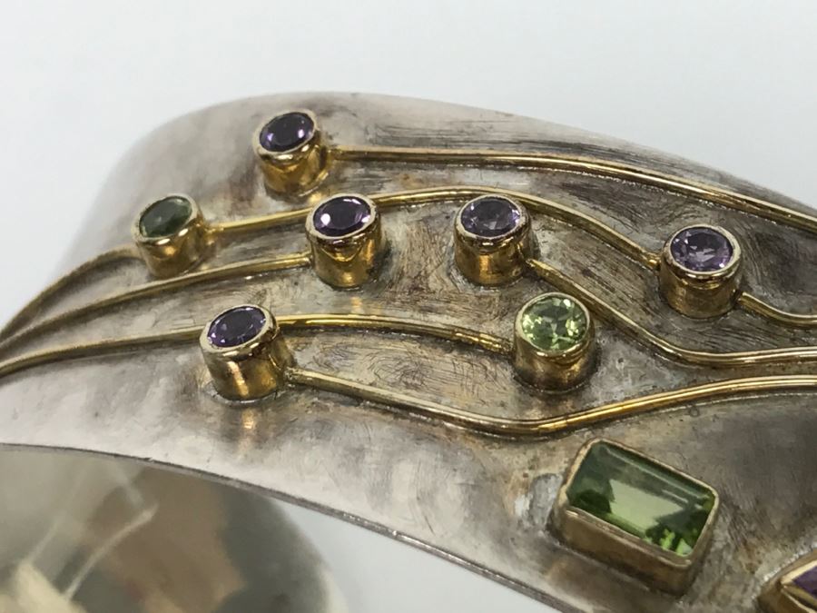 JUST ADDED - Sterling Silver Signed Cuff Bracelet With Various Stones 32g [Photo 12]