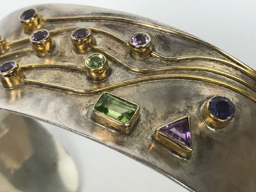 JUST ADDED - Sterling Silver Signed Cuff Bracelet With Various Stones 32g [Photo 11]