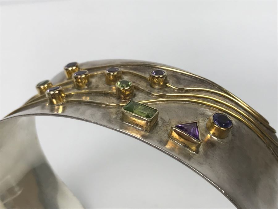 JUST ADDED - Sterling Silver Signed Cuff Bracelet With Various Stones 32g [Photo 10]