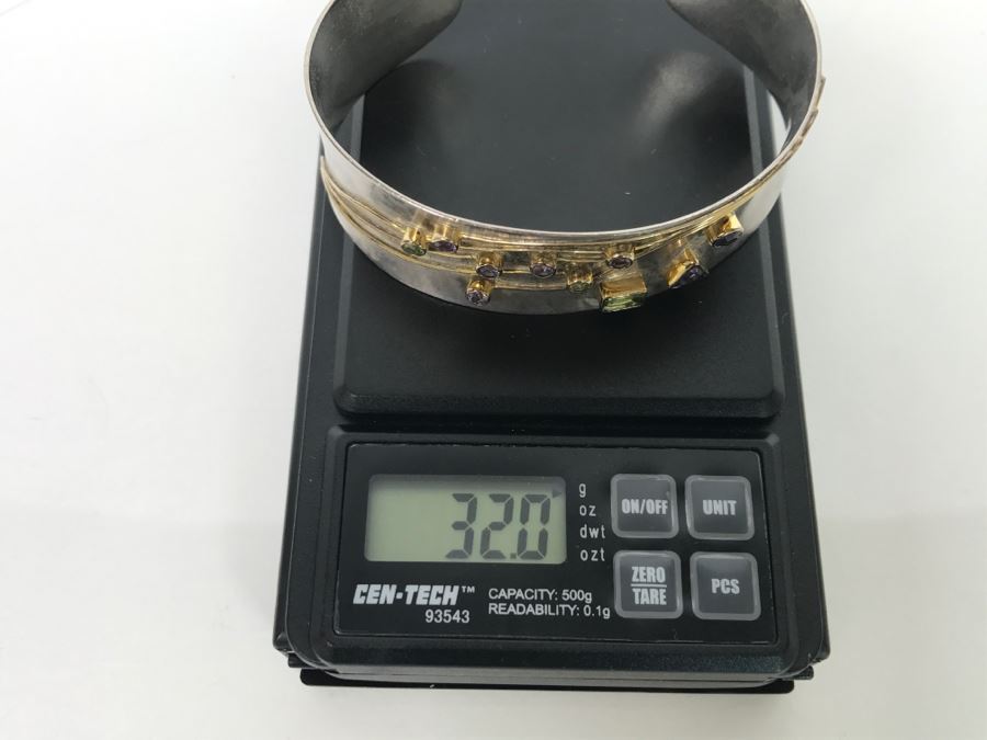JUST ADDED - Sterling Silver Signed Cuff Bracelet With Various Stones 32g [Photo 17]