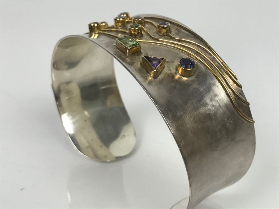JUST ADDED - Sterling Silver Signed Cuff Bracelet With Various Stones 32g [Photo 7]