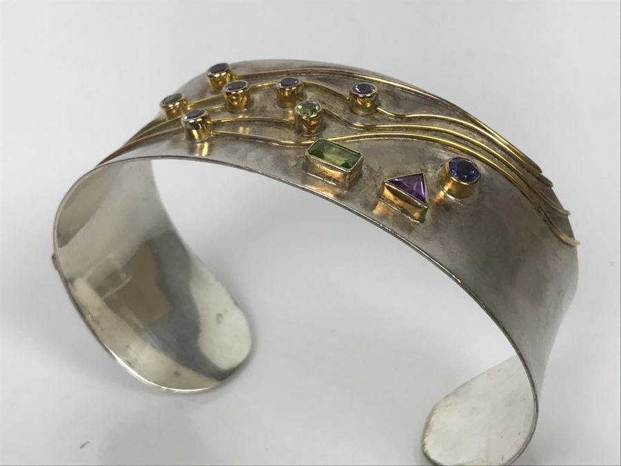 JUST ADDED - Sterling Silver Signed Cuff Bracelet With Various Stones 32g [Photo 9]