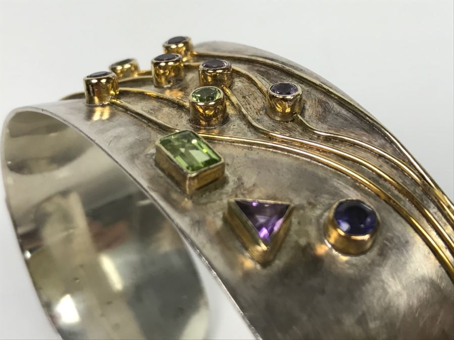JUST ADDED - Sterling Silver Signed Cuff Bracelet With Various Stones 32g [Photo 6]