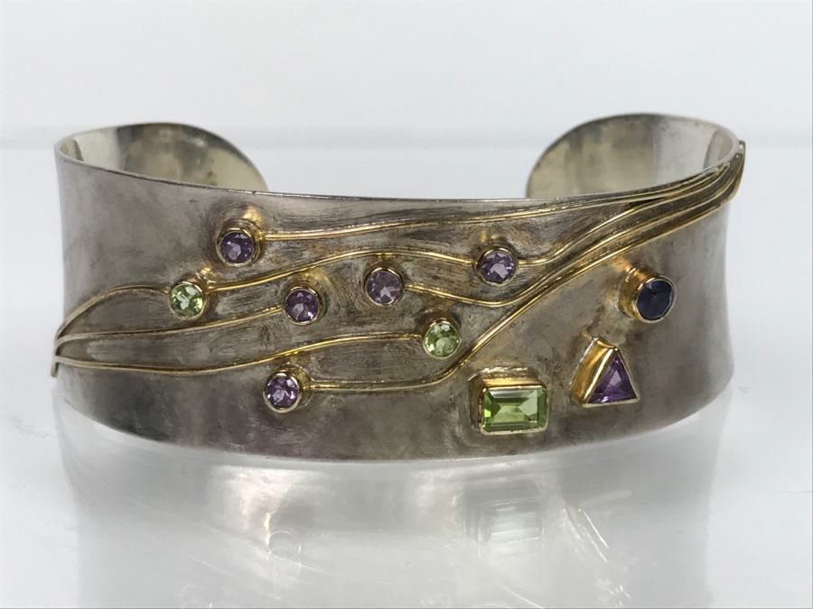 JUST ADDED - Sterling Silver Signed Cuff Bracelet With Various Stones 32g [Photo 2]
