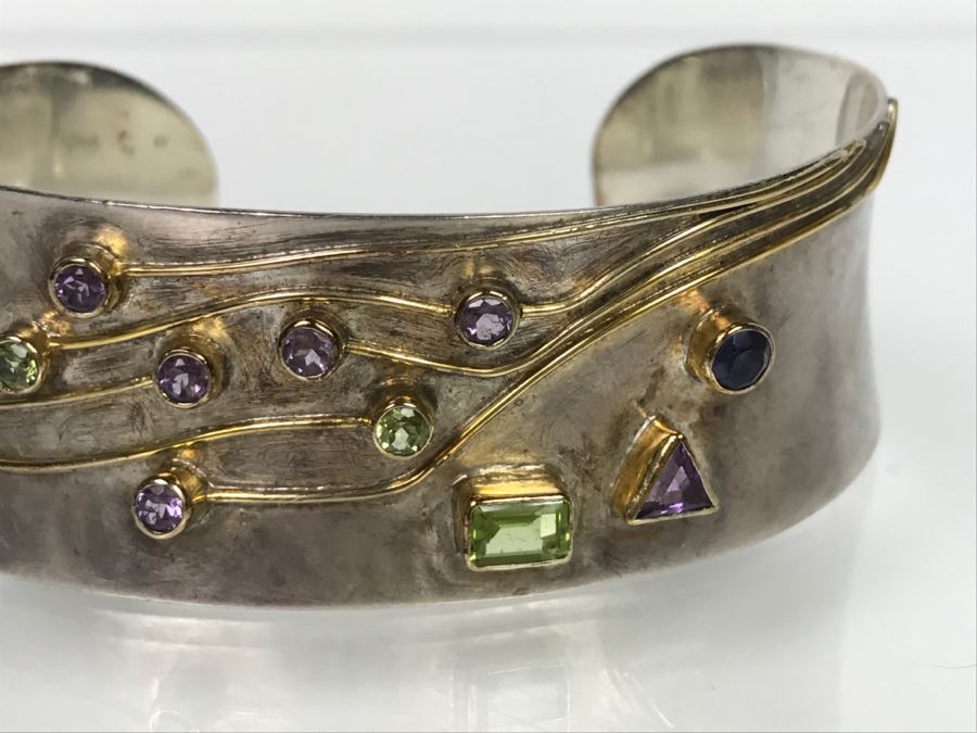 JUST ADDED - Sterling Silver Signed Cuff Bracelet With Various Stones 32g [Photo 4]