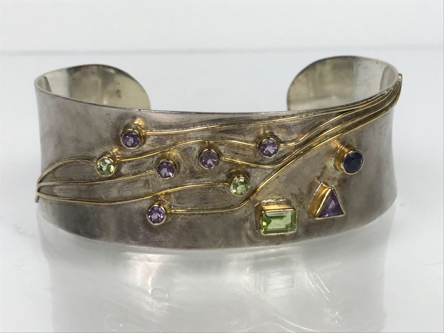JUST ADDED - Sterling Silver Signed Cuff Bracelet With Various Stones 32g [Photo 1]