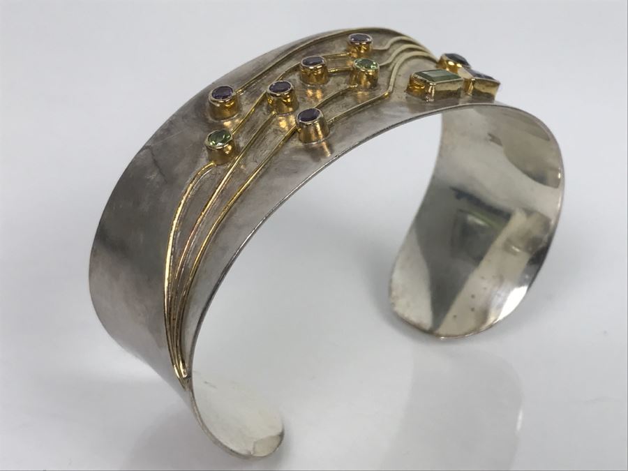 JUST ADDED - Sterling Silver Signed Cuff Bracelet With Various Stones 32g [Photo 5]