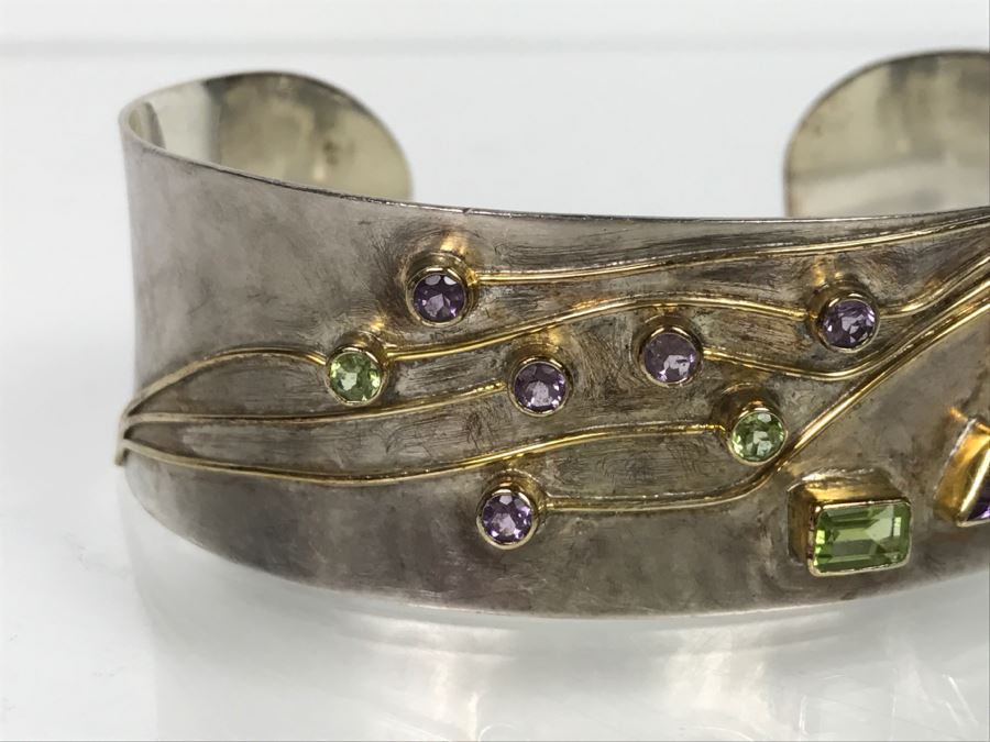 JUST ADDED - Sterling Silver Signed Cuff Bracelet With Various Stones 32g [Photo 3]
