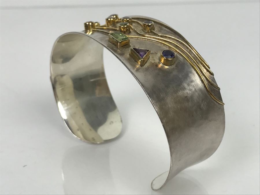 JUST ADDED - Sterling Silver Signed Cuff Bracelet With Various Stones 32g [Photo 8]