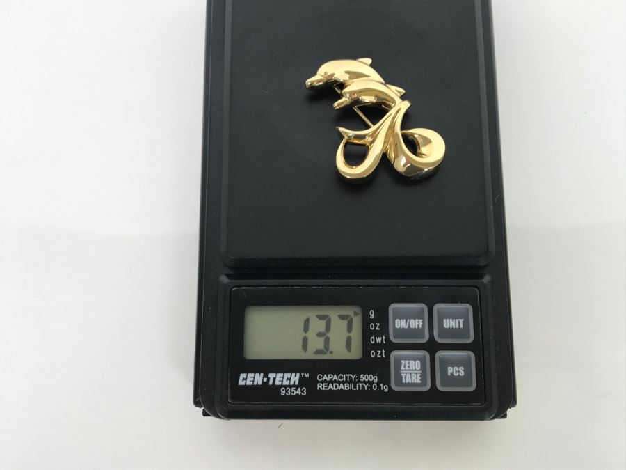 Custom 14k Yellow Gold Dolphin Brooch Pin Signed FS 13.7g [Photo 16]