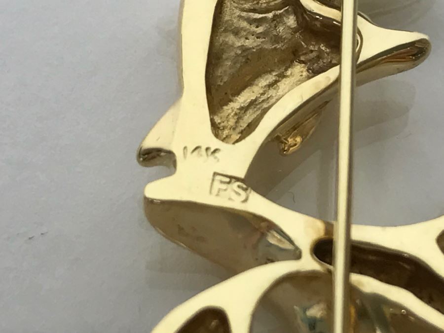 Custom 14k Yellow Gold Dolphin Brooch Pin Signed FS 13.7g [Photo 13]