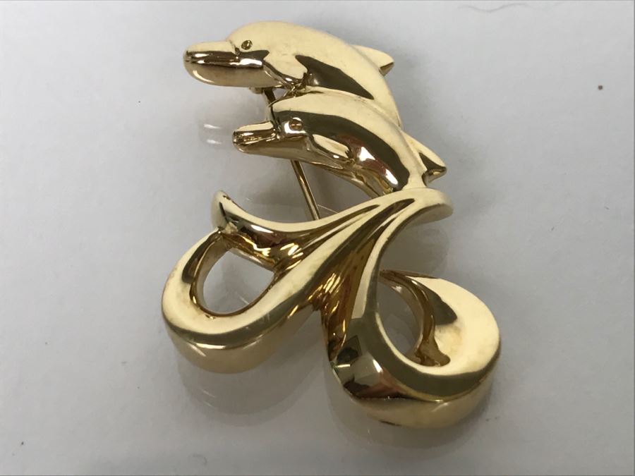Custom 14k Yellow Gold Dolphin Brooch Pin Signed FS 13.7g
