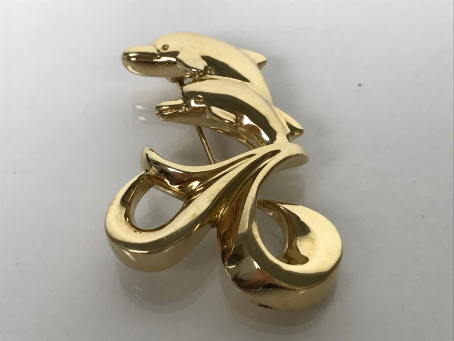 Custom 14k Yellow Gold Dolphin Brooch Pin Signed FS 13.7g [Photo 11]