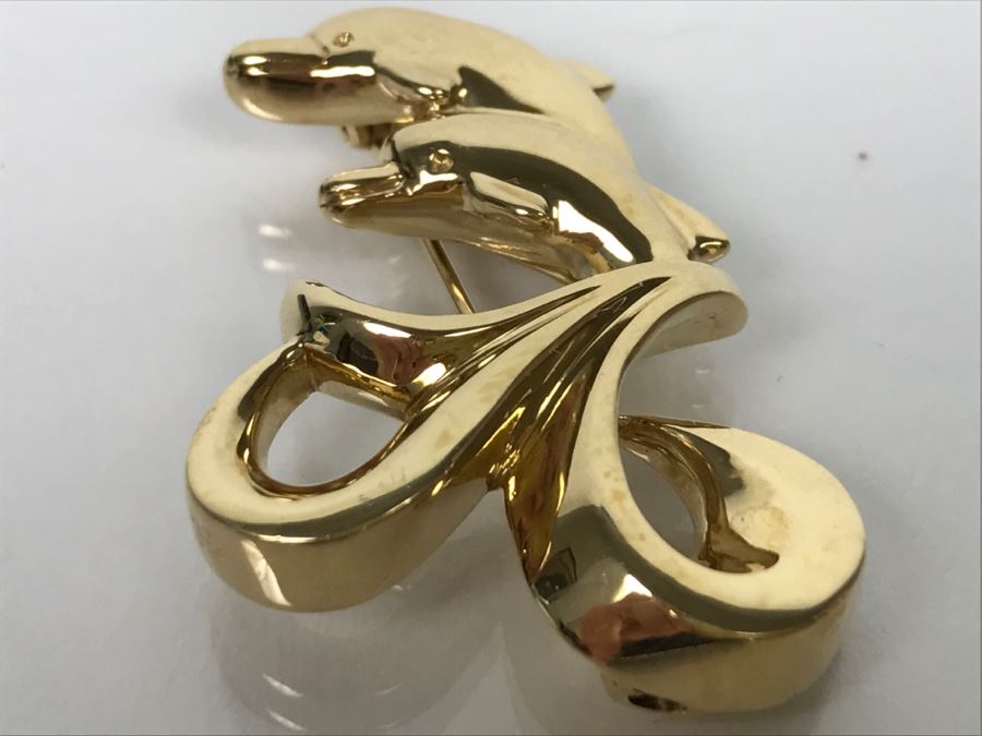 Custom 14k Yellow Gold Dolphin Brooch Pin Signed FS 13.7g [Photo 10]