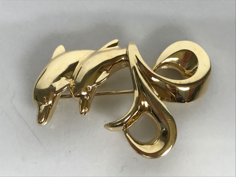 Custom 14k Yellow Gold Dolphin Brooch Pin Signed FS 13.7g [Photo 6]