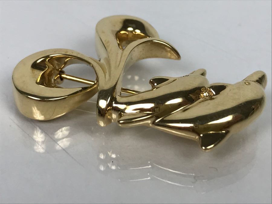 Custom 14k Yellow Gold Dolphin Brooch Pin Signed FS 13.7g [Photo 7]