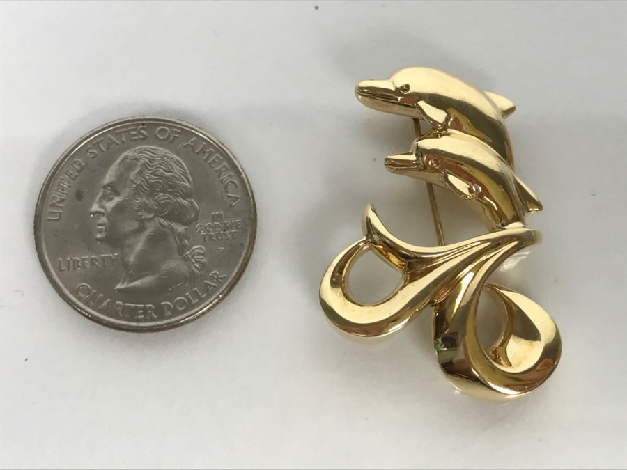 Custom 14k Yellow Gold Dolphin Brooch Pin Signed FS 13.7g [Photo 15]