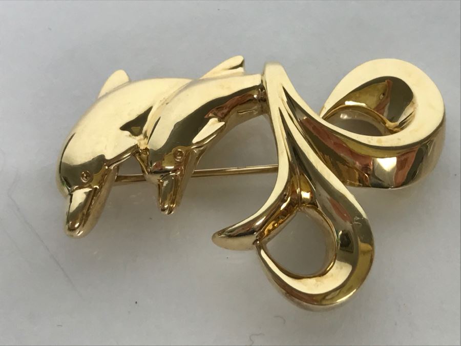 Custom 14k Yellow Gold Dolphin Brooch Pin Signed FS 13.7g [Photo 5]