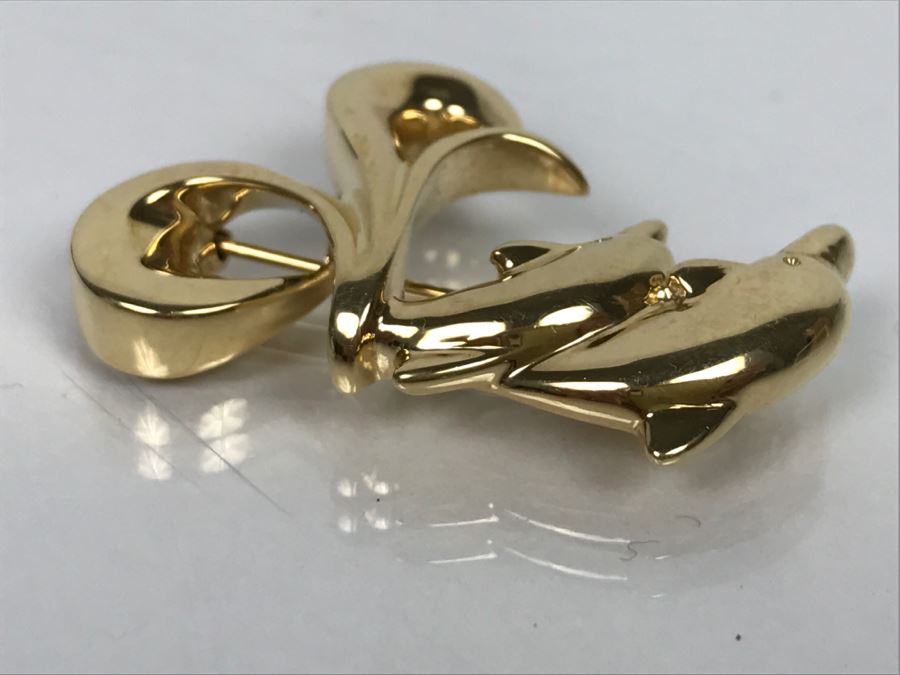 Custom 14k Yellow Gold Dolphin Brooch Pin Signed FS 13.7g [Photo 8]