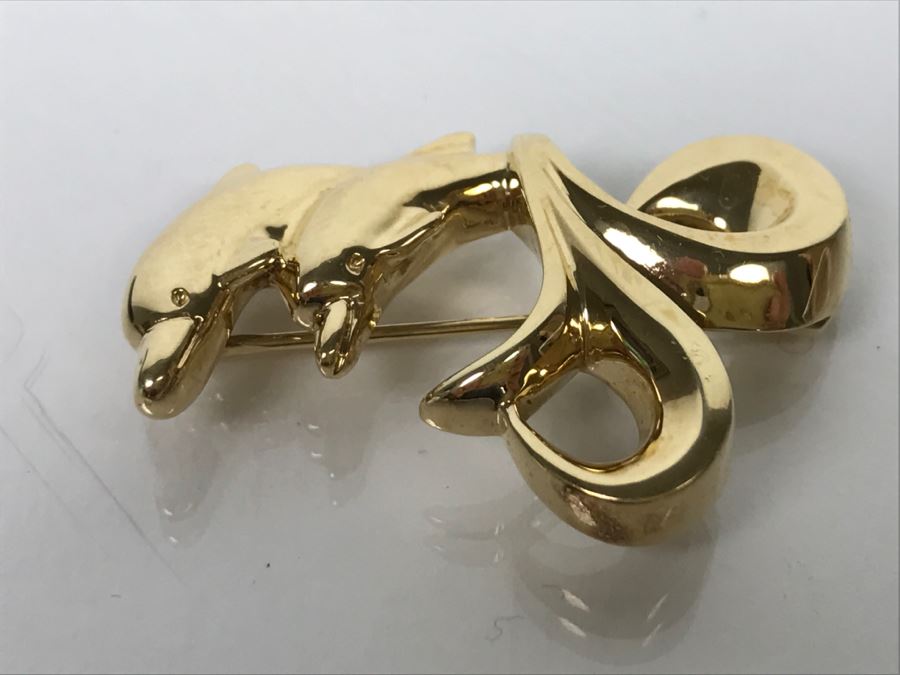 Custom 14k Yellow Gold Dolphin Brooch Pin Signed FS 13.7g [Photo 3]
