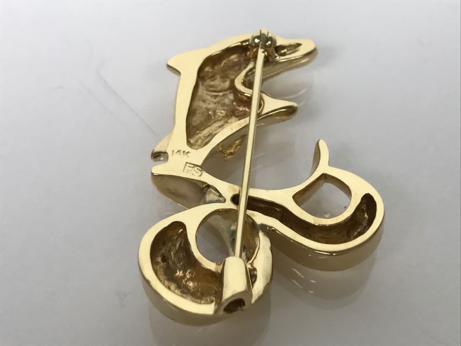 Custom 14k Yellow Gold Dolphin Brooch Pin Signed FS 13.7g [Photo 12]