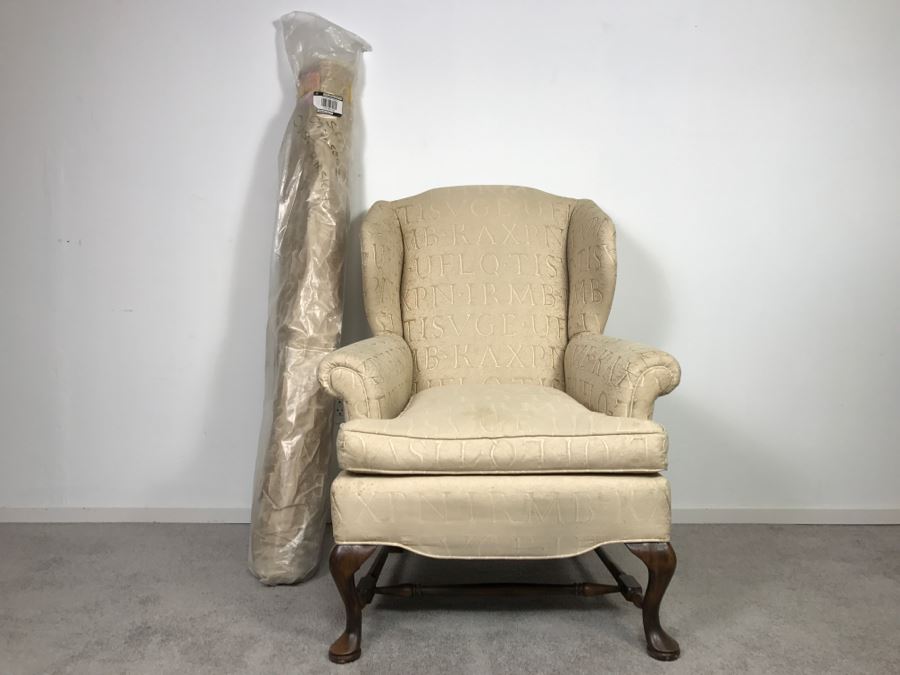 Queen Anne Style Wingback Armchair With Bolt Of Fabric For Reupholstering Chair [Photo 4]