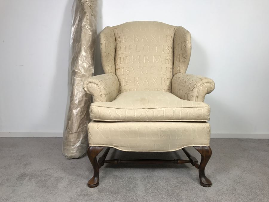 Queen Anne Style Wingback Armchair With Bolt Of Fabric For Reupholstering Chair [Photo 3]