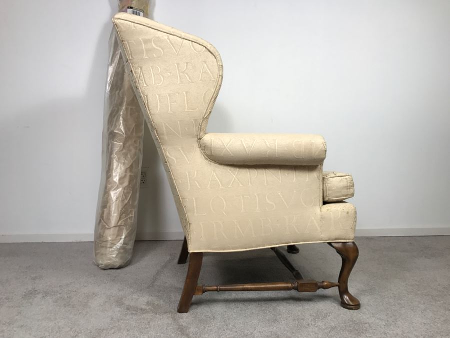 Queen Anne Style Wingback Armchair With Bolt Of Fabric For Reupholstering Chair [Photo 7]