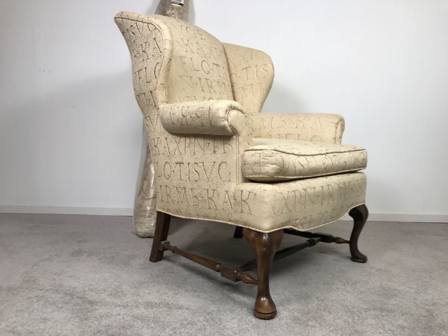 Queen Anne Style Wingback Armchair With Bolt Of Fabric For Reupholstering Chair [Photo 5]