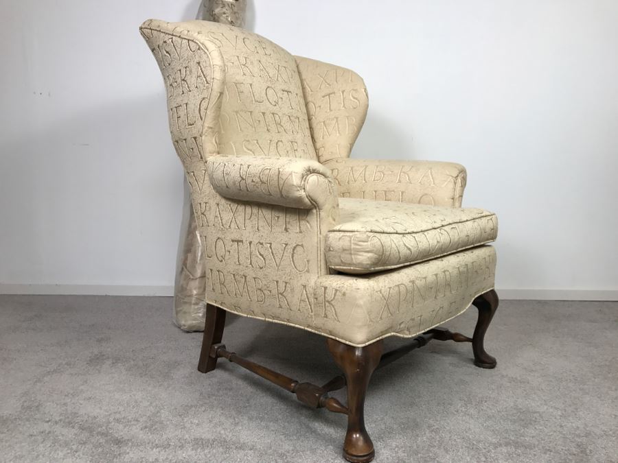 Queen Anne Style Wingback Armchair With Bolt Of Fabric For Reupholstering Chair [Photo 2]