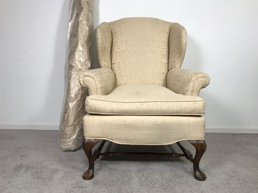 Queen Anne Style Wingback Armchair With Bolt Of Fabric For Reupholstering Chair
