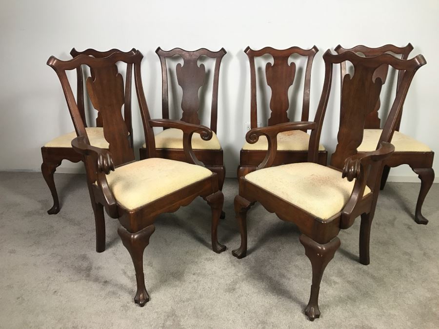 Set Of (6) Designer Solid Wood Queen Anne Dining Chairs With Claw Feet 2 Are Armchairs (Seat Cushions Need New Upholstery) [Photo 7]