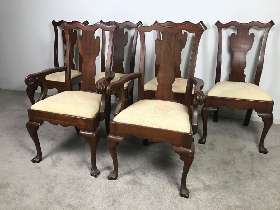 Set Of (6) Designer Solid Wood Queen Anne Dining Chairs With Claw Feet 2 Are Armchairs (Seat Cushions Need New Upholstery) [Photo 6]