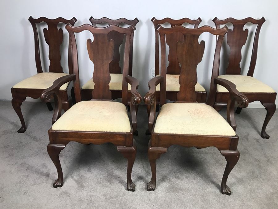 Set Of (6) Designer Solid Wood Queen Anne Dining Chairs With Claw Feet 2 Are Armchairs (Seat Cushions Need New Upholstery) [Photo 3]