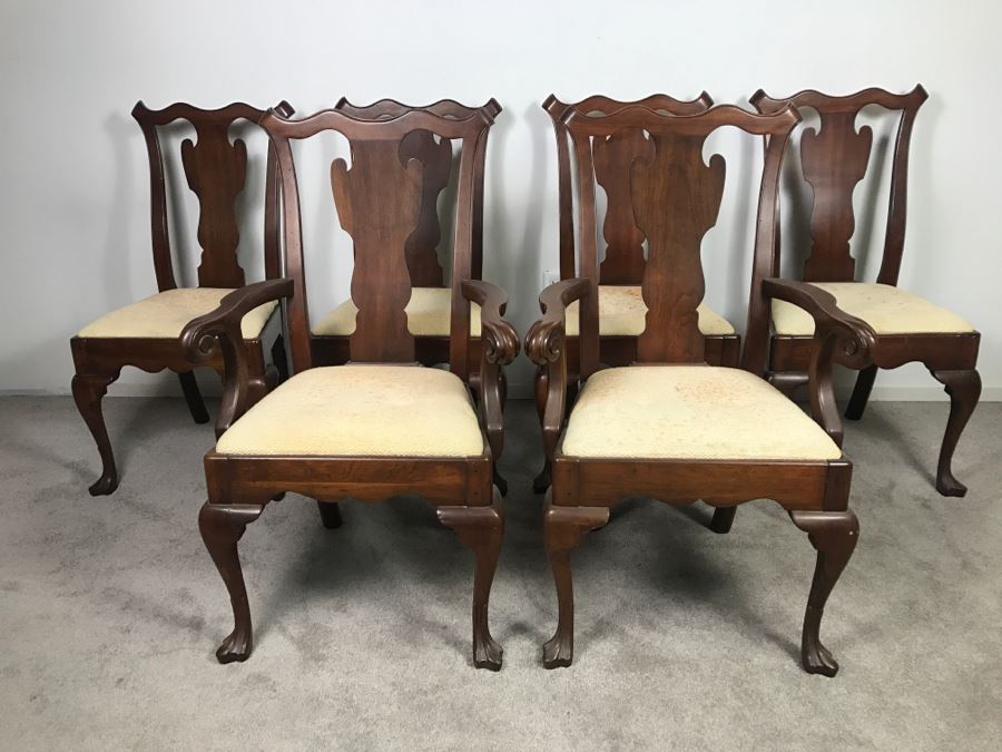 Set Of (6) Designer Solid Wood Queen Anne Dining Chairs With Claw Feet 2 Are Armchairs (Seat Cushions Need New Upholstery) [Photo 4]