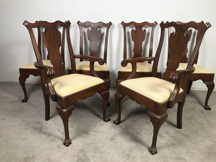 Set Of (6) Designer Solid Wood Queen Anne Dining Chairs With Claw Feet 2 Are Armchairs (Seat Cushions Need New Upholstery) [Photo 8]