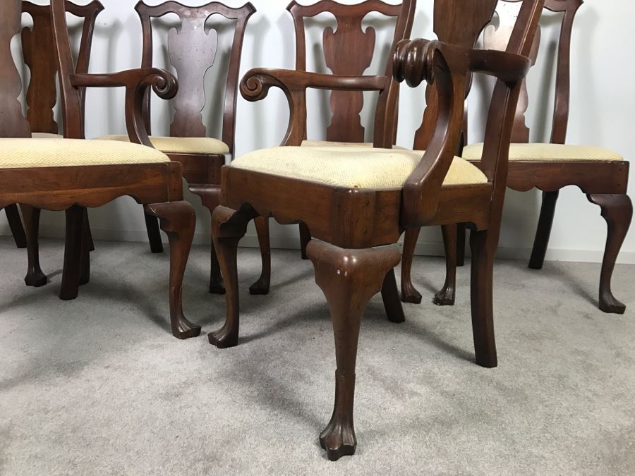 Set Of (6) Designer Solid Wood Queen Anne Dining Chairs With Claw Feet 2 Are Armchairs (Seat Cushions Need New Upholstery) [Photo 9]
