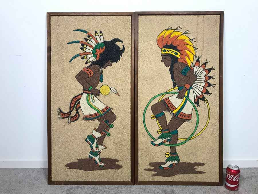 Pair Of Decorative Colored Stone Artwork Pieces Depicting Native American Indian Dances [Photo 1]