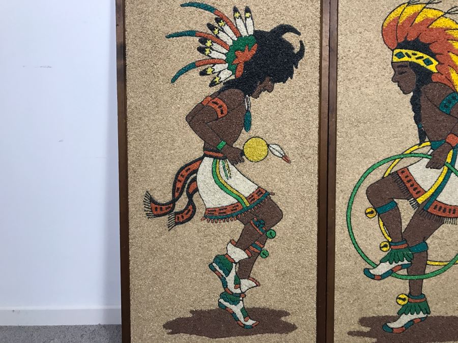 Pair Of Decorative Colored Stone Artwork Pieces Depicting Native American Indian Dances [Photo 3]