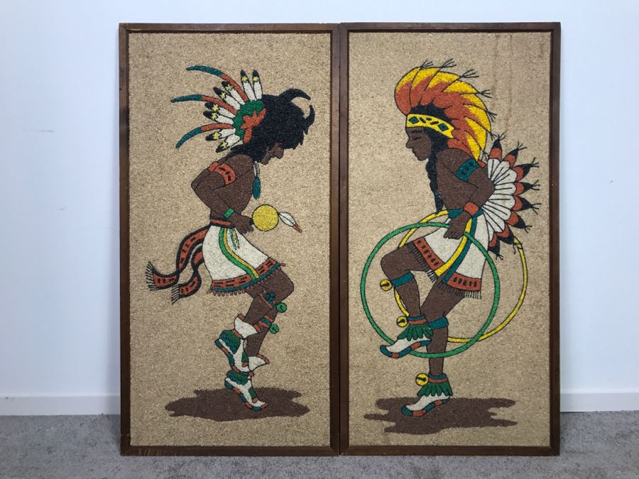Pair Of Decorative Colored Stone Artwork Pieces Depicting Native American Indian Dances [Photo 2]
