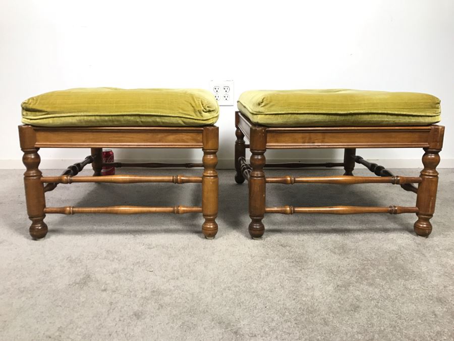 Pair Of Vintage Wooden Stools With Upholstered Seats