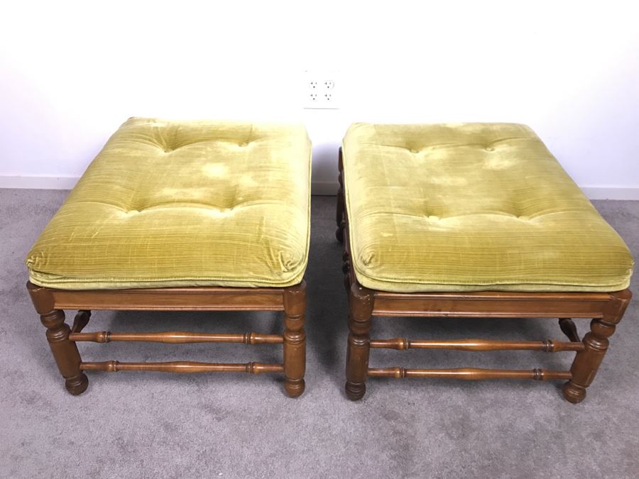 Pair Of Vintage Wooden Stools With Upholstered Seats [Photo 3]